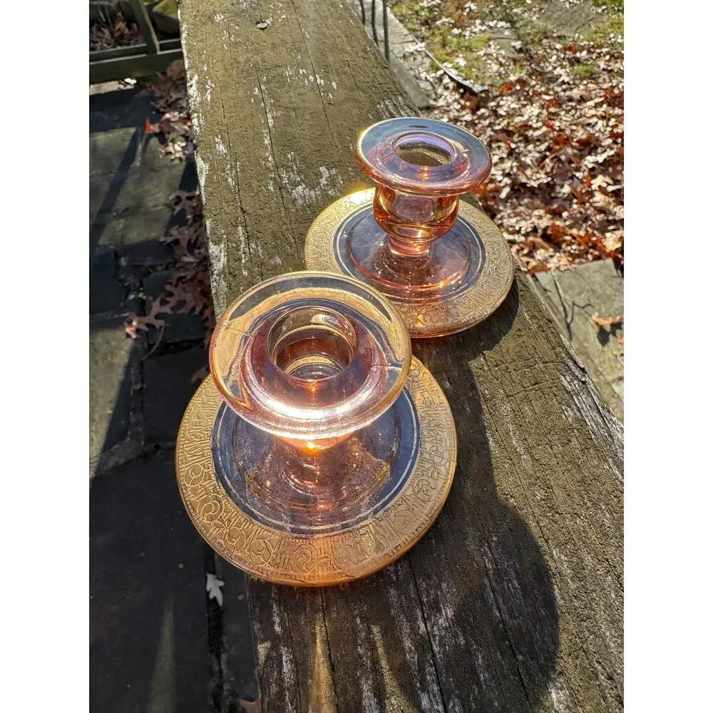 Vintage Pink Depression Glass Candle Holders Gold Rims